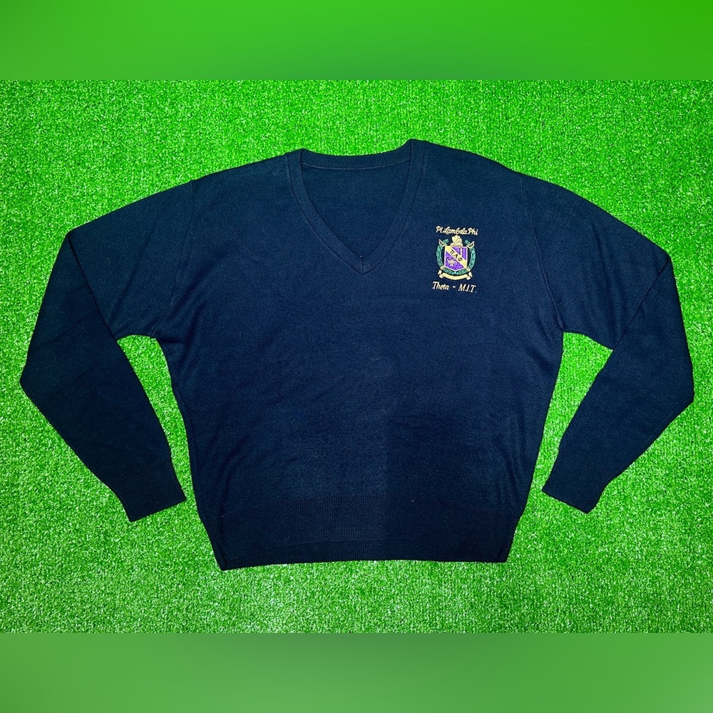 Vintage Pi Lambda Phi MIT V-Neck Pullover Black Sweater Mens M Embroidered Logo